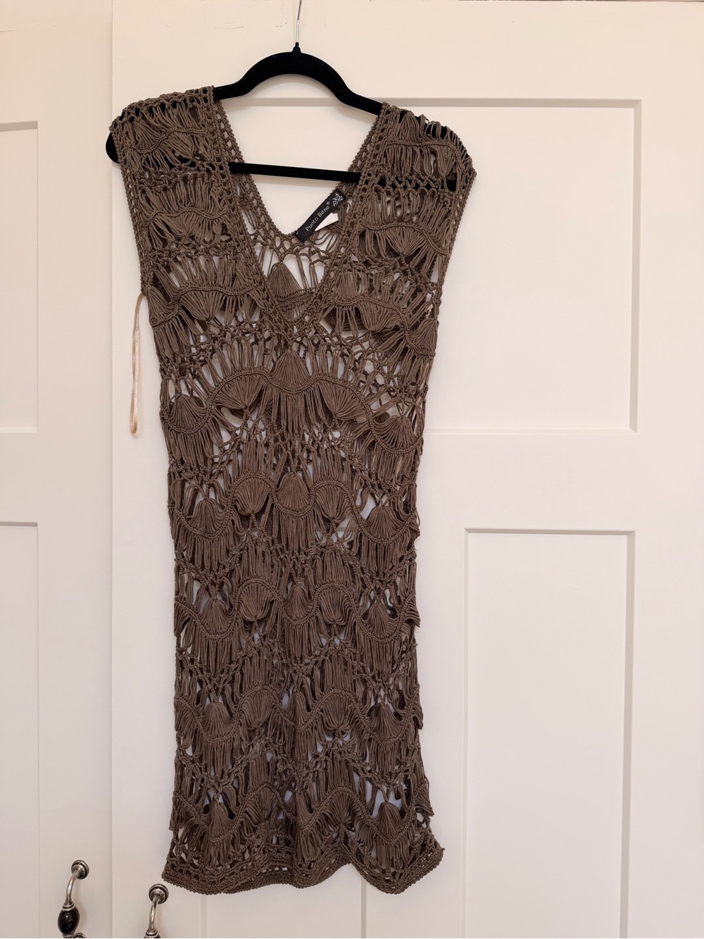 Crochet Knit V-Neck Cover-Up Dress in Taupe